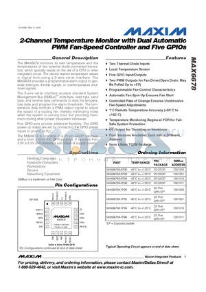 MAX6678ATP90 datasheet - 2-Channel Temperature Monitor with Dual Automatic PWM Fan-Speed Controller and Five GPIOs