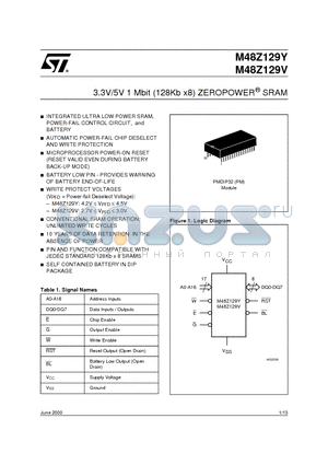 M48Z129V-70PM1 datasheet - 3.3V/5V 1 Mbit 128Kb x8 ZEROPOWER SRAM