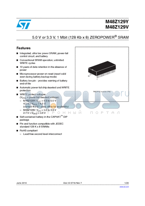 M48Z129V-70PM1 datasheet - 5.0 V or 3.3 V, 1 Mbit (128 Kb x 8) ZEROPOWER^ SRAM