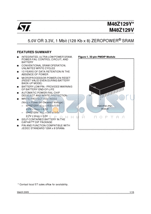 M48Z129Y-85PM datasheet - 5.0V OR 3.3V, 1 Mbit (128 Kb x 8) ZEROPOWER SRAM