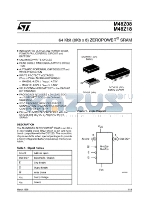 M48Z18-100PC1 datasheet - 64 Kbit 8Kb x 8 ZEROPOWER SRAM