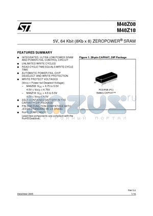 M48Z18 datasheet - 5V, 64 Kbit (8Kb x 8) ZEROPOWER^ SRAM