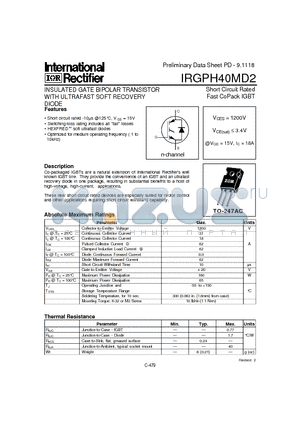 IRGPH40MD2 datasheet - INSULATED GATE BIPOLAR TRANSISTOR WITH ULTRAFAST SOFT RECOVERY(Vces=1200V, @Vge=15V, Ic=18A)