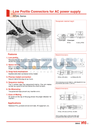 HT-102/RP34L-SC1-212 datasheet - Low Profile Connectors for AC power supply