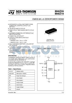 M48Z19-100PC1 datasheet - CMOS 8K x 8 ZEROPOWER SRAM