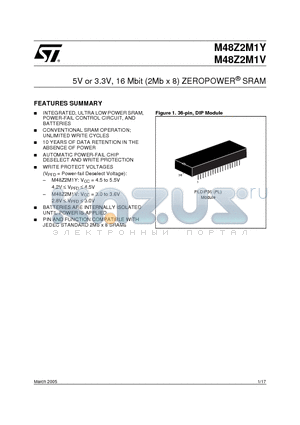 M48Z2M1V datasheet - 5V or 3.3V, 16 Mbit (2Mb x 8) ZEROPOWER SRAM