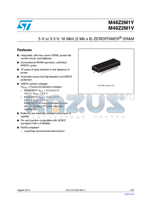 M48Z2M1V-70PL1 datasheet - 5 V or 3.3 V, 16 Mbit (2 Mb x 8) ZEROPOWER^ SRAM