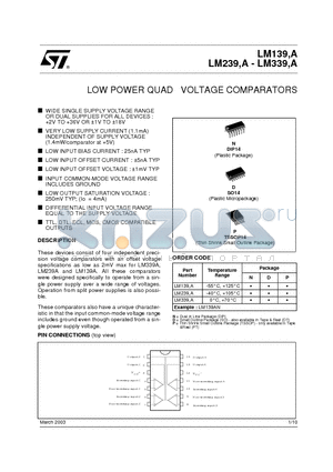 LM139AD datasheet - LOWPOWER QUAD VOLTAGE COMPARATORS