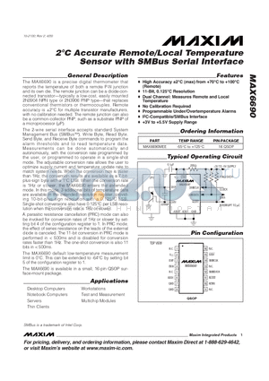 MAX6690MEE datasheet - 2`C Accurate Remote/Local Temperature Sensor with SMBus Serial Interface