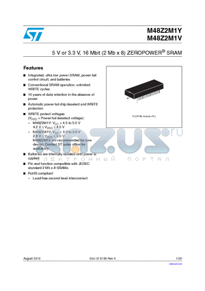 M48Z2M1Y-85PL1 datasheet - 5 V or 3.3 V, 16 Mbit (2 Mb x 8) ZEROPOWER^ SRAM