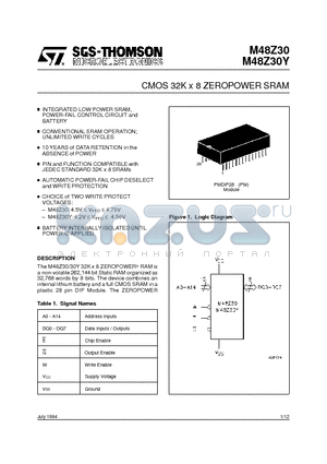 M48Z30Y datasheet - CMOS 32K x 8 ZEROPOWER SRAM