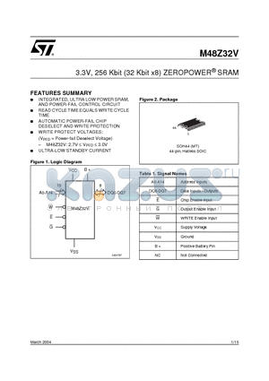 M48Z32V datasheet - 3.3V, 256 Kbit 32 Kbit x 8 ZEROPOWER SRAM