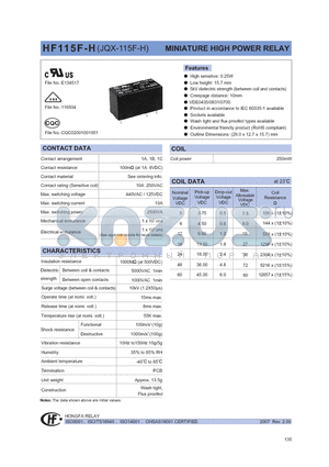 HF115F-H/005-1DS3BGXXX datasheet - MINIATURE HIGH POWER RELAY