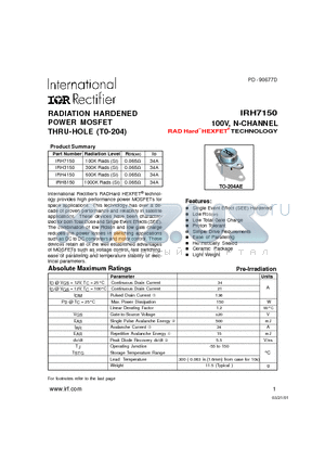 IRH7150 datasheet - RADIATION HARDENED POWER MOSFET THRU-HOLE (T0-204)