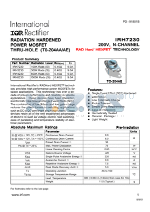 IRH8230 datasheet - RADIATION HARDENED POWER MOSFET THRU-HORE (TO-204AA/AE)
