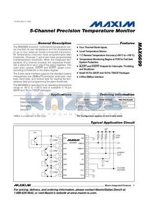 MAX6699UE datasheet - 5-Channel Precision Temperature Monitor