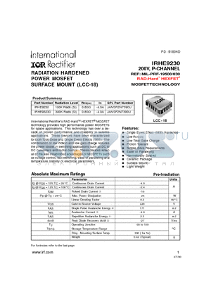 IRHE93230 datasheet - RADIATION HARDENED POWER MOSFET SURFACE MOUNT (LCC-18)