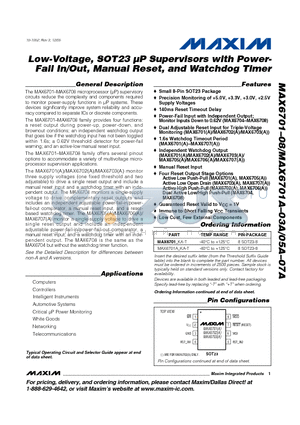 MAX6701A-KA-T datasheet - Low-Voltage, SOT23 uP Supervisors with Power-Fail In/Out, Manual Reset, and Watchdog Timer