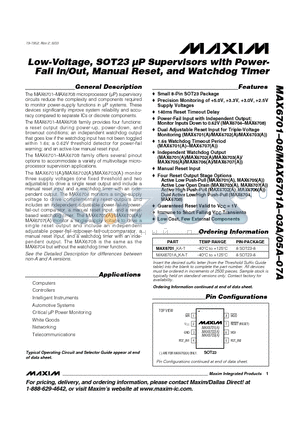 MAX6702ASKA-T datasheet - Low-Voltage, SOT23 lP Supervisors with Power- Fail In/Out, Manual Reset, and Watchdog Timer