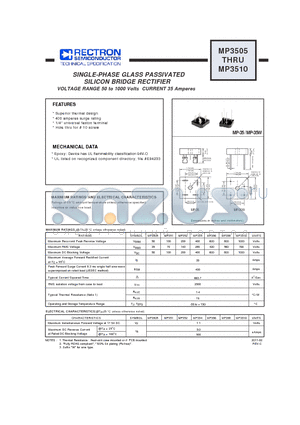 MP3505_11 datasheet - SINGLE-PHASE GLASS PASSIVATED SILICON BRIDGE RECTIFIER VOLTAGE RANGE 50 to 1000 Volts CURRENT 35 Amperes