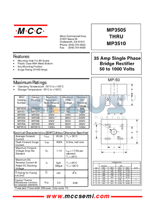 MP356 datasheet - 35 Amp Single Phase Bridge Rectifier 50 to 1000 Volts