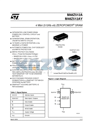 M48Z512A datasheet - 4 Mbit 512Kb x8 ZEROPOWER SRAM