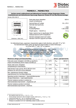 P6SMBJ70A datasheet - Surface mount unidirectional and bidirectional Transient Voltage Suppressor Diodes