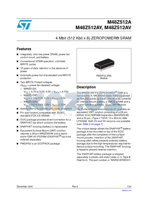 M48Z512A-85PM1 datasheet - 4 Mbit (512 Kbit x 8) ZEROPOWER SRAM