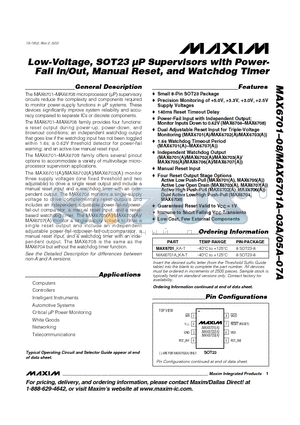 MAX6706LKA-T datasheet - Low-Voltage, SOT23 lP Supervisors with Power- Fail In/Out, Manual Reset, and Watchdog Timer