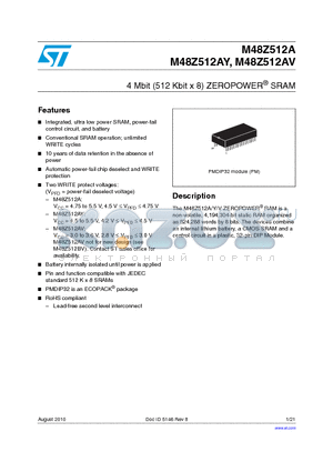 M48Z512AV-85PM1 datasheet - 4 Mbit (512 Kbit x 8) ZEROPOWER^ SRAM