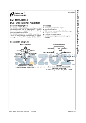 LM1458 datasheet - Dual Operational Amplifier