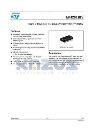 M48Z512BV-85PM1 datasheet - 3.3 V, 4 Mbit (512 K x 8 bit) ZEROPOWER SRAM