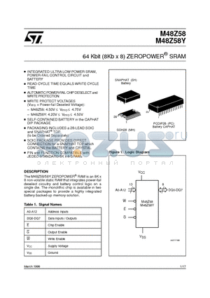 M48Z58-70PC1TR datasheet - 64 Kbit 8Kb x 8 ZEROPOWER SRAM