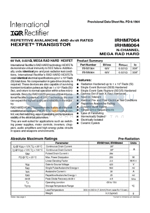 IRHM7064 datasheet - TRANSISTOR N-CHANNEL