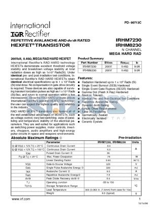 IRHM7230 datasheet - REPETITIVE AVALANCHE AND dv/dt RATED HEXFET TRANSISTOR