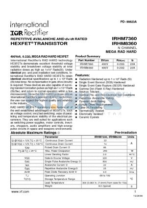IRHM7360 datasheet - REPETITIVE AVALANCHE AND dv/dt RATED