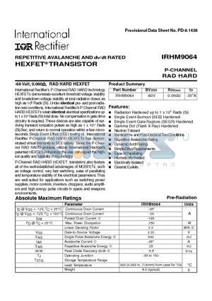 IRHM9064 datasheet - TRANSISTOR P-CHANNEL(BVdss=-60V, Rds(on)=0.060ohm, Id=-35*A)