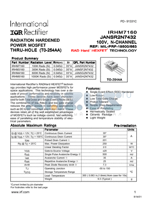 IRHM8160 datasheet - REPETITIVE AVALANCHE AND dv/dt RATED HEXFET TRANSISTOR