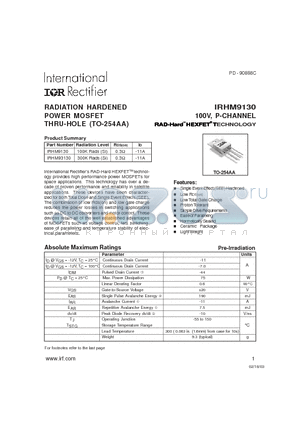 IRHM9130 datasheet - RADIATION HARDENED POWER MOSFET / 100V, P-CHANNEL