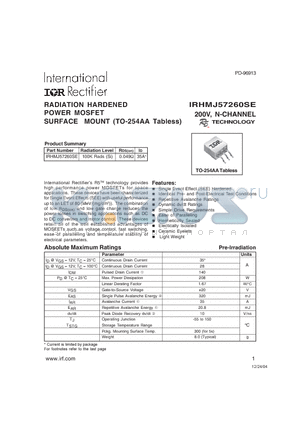 IRHMJ57260SE datasheet - RADIATION HARDENED POWER MOSFET SURFACE MOUNT (TO-254AA Tabless)