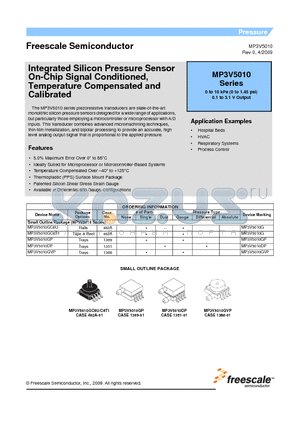 MP3V5010 datasheet - Integrated Silicon Pressure Sensor On-Chip Signal Conditioned,Temperature Compensated and Calibrated