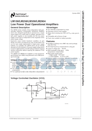LM158AH/883 datasheet - Low Power Dual Operational Amplifiers