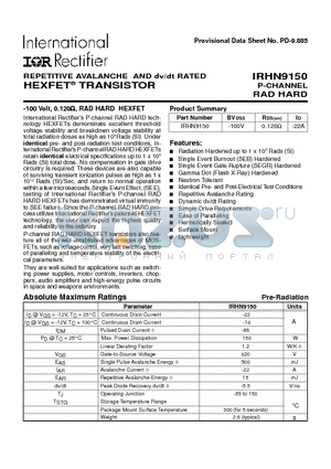 IRHN9150 datasheet - TRANSISTOR P-CHANNEL(BVdss=-100V, Rds(on)=0.120ohm, Id=-22A)