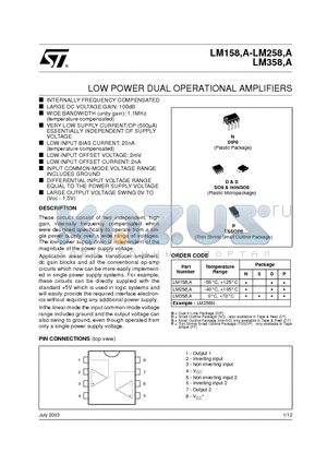 LM158N datasheet - LOW POWER DUAL OPERATIONAL AMPLIFIERS