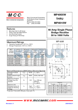 MP4005W datasheet - 40 Amp Single Phase Bridge Rectifier 50 to 1000 Volts