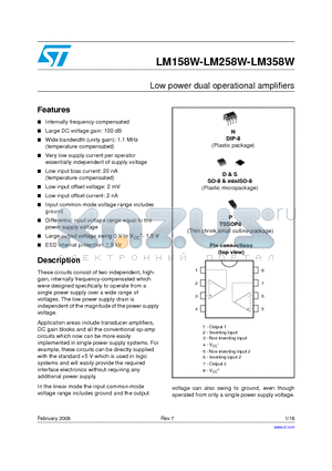 LM158WDT datasheet - Low power dual operational amplifiers