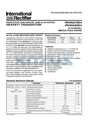 IRHNA8064 datasheet - TRANSISTOR N-CHANNEL