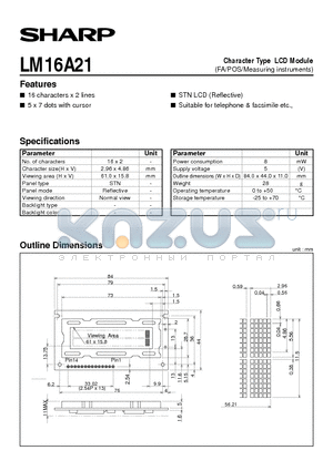 LM16A21 datasheet - Character Type LCD Module(FA/POS/Measuring instruments)
