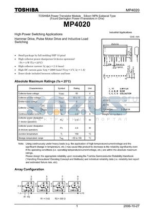 MP4020 datasheet - High Power Switching Applications Hammer Drive, Pulse Motor Drive and Inductive Load Switching