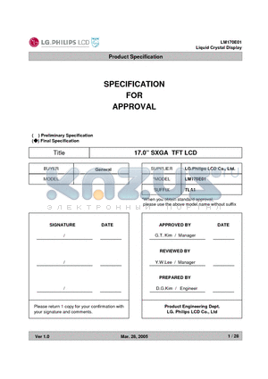 LM170E01 datasheet - 17.0 SXGA TFT LCD